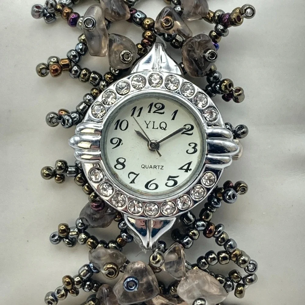 Artisan Womens Watch Beaded Gemstone Silver Tone Crystals New Battery 7.25